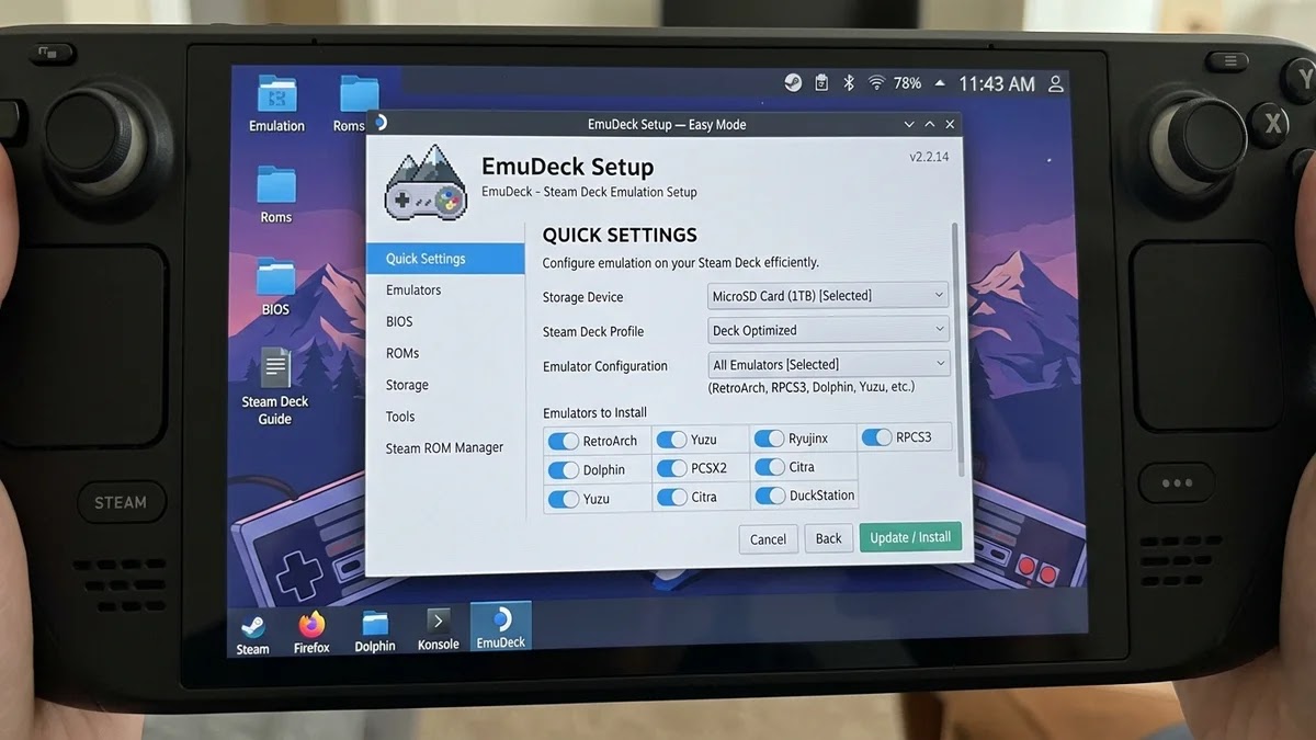 دليل EmuDeck على Steam Deck: تثبيت وتشغيل الألعاب الكلاسيكية 2 واجهة Steam Deck في وضع Desktop Mode مع نافذة إعداد EmuDeck مفتوحة بأسلوب Screenshot واقعي واضح