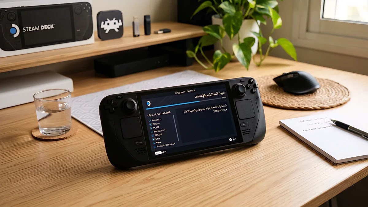 دليل EmuDeck على Steam Deck: تثبيت وتشغيل الألعاب الكلاسيكية 3 شاشة تثبيت EmuDeck مع خطوات إعداد ظاهرة على Steam Deck داخل مكتب نظيف بأسلوب تعليمي تقني