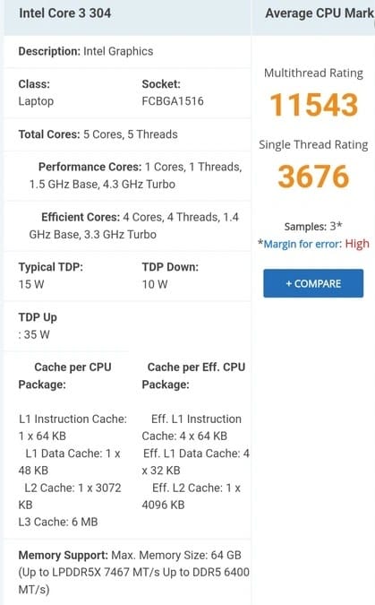 مفاجأة غير متوقعة: معالج Intel رخيص الثمن يهدد عرش أبل بشراسة! 2 نتائج اختبار معالج Intel Core 3 304 على منصة PassMark.
