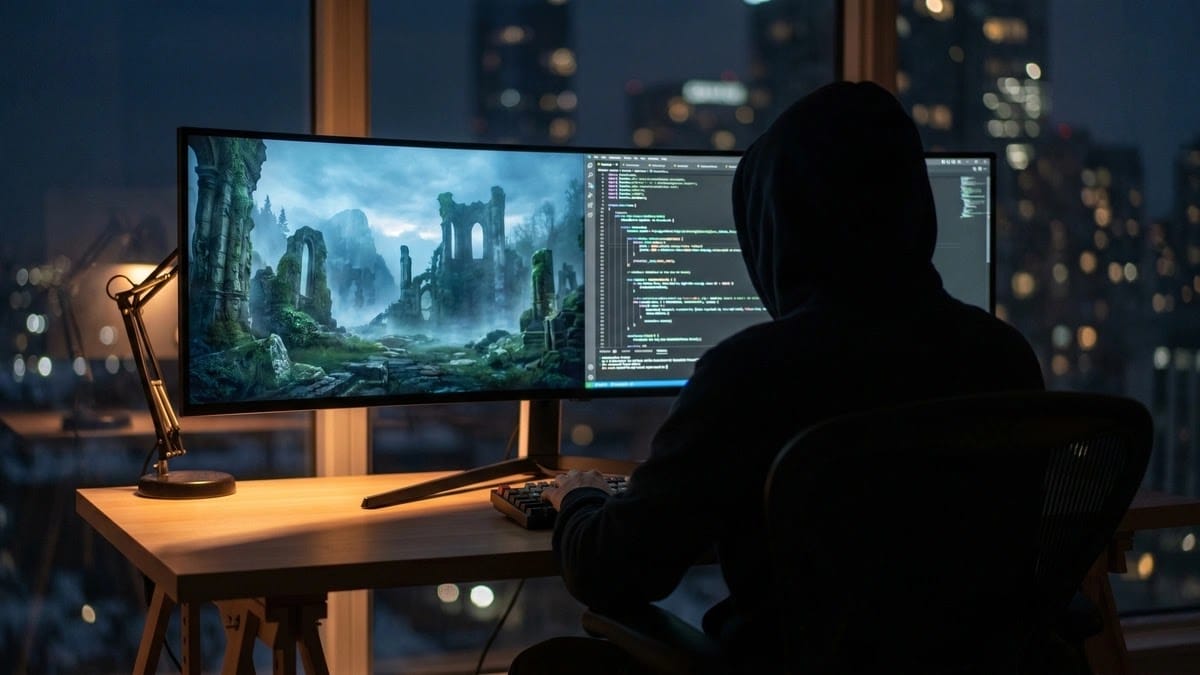 رئيس شركة CDPR يُحذر: طوفان الذكاء الاصطناعي في الألعاب قادم! 1 مطور ألعاب يجلس أمام شاشة كمبيوتر مضيئة بتصميم سينمائية نظيف يعبر عن مستقبل التطوير والذكاء الاصطناعي.