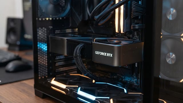 كروت شاشة نفيديا RTX كارت شاشة Nvidia GeForce RTX داخل كيسة كمبيوتر مضيئة يعبر عن أسعار كروت الشاشة المرتفعة