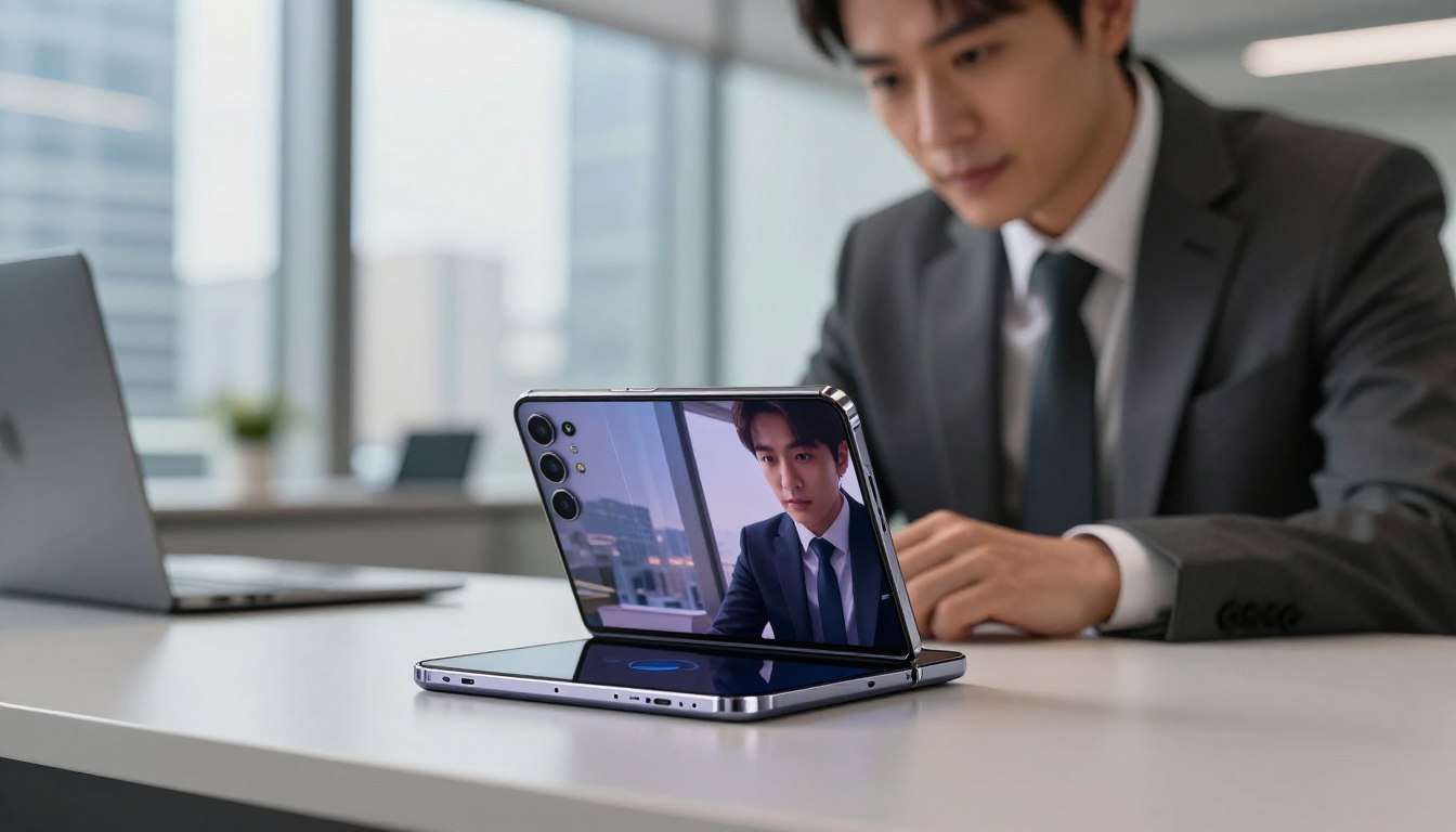 A sleek Galaxy S26 Ultra smartphone showcasing its innovative integrated privacy screen, placed on a clean, modern desk. In the foreground, the phone glows softly, its screen vividly displaying a detailed view of the privacy feature in action, illustrating how it restricts visibility from side angles. In the middle ground, a professional-looking individual in business attire leans in, examining the device with a focused expression. The background features a blurred urban office setting, filled with ambient light filtering through large windows, creating a bright and inspiring atmosphere. The scene suggests a comparison between advanced technology and traditional privacy solutions, emphasizing the cutting-edge nature of the Galaxy S26 Ultra. The lighting should highlight the sleek design of the phone, with a focus on its futuristic screen.