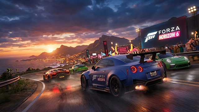 مشهد سينمائي احترافي لسيارات رياضية تتسابق في مهرجان Horizon ضمن لعبة Forza Horizon 6 مع إضاءة الغروب