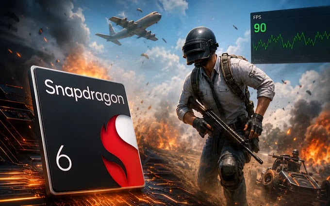 هاتف يعمل بمعالج Snapdragon 6 أثناء تشغيل لعبة PUBG مع عرض أداء الفريمات بشكل مرتفع وغير متوقع داخل اللعبة.