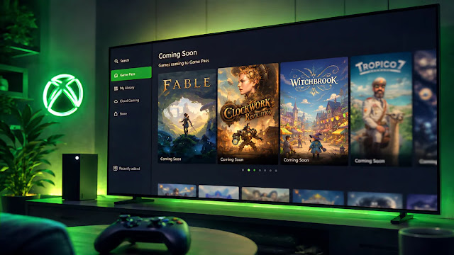 Xbox Game Pass Coming Soon AAA Games واجهة Xbox Game Pass على شاشة تلفاز حديثة داخل غرفة مظلمة بإضاءة خضراء سينمائية مع تلميحات لألعاب AAA قادمة قريبًا