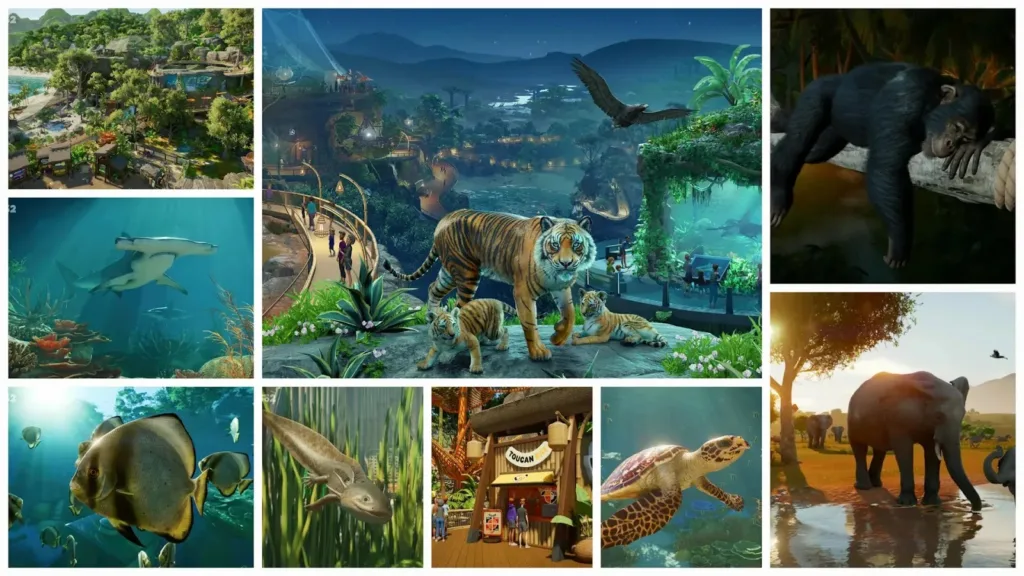 لعبة Planet Zoo 2 تظهر حيوانات واقعية داخل حديقة حديثة مع تحسينات رسومية وكائنات بحرية جديدة