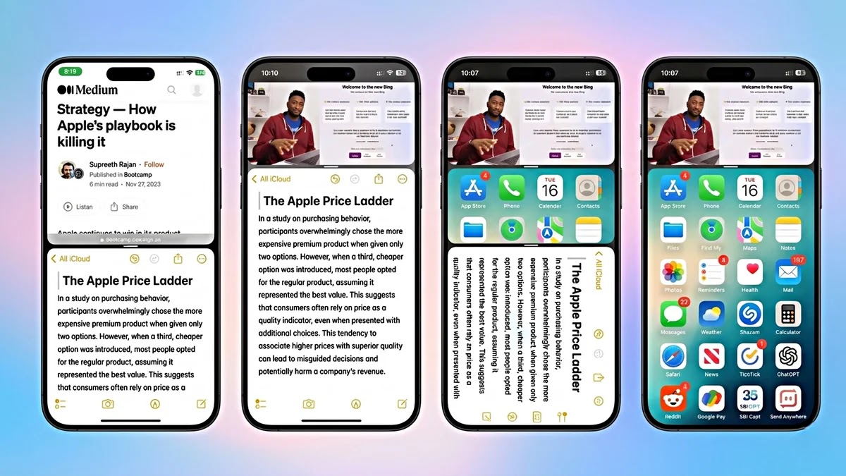 ميزة تقسيم الشاشة في iOS 27 القادم لأجهزة آيفون. تصميم تخيلي لميزة تقسيم الشاشة (Split-Screen) في نظام iOS 27 على هاتف آيفون.