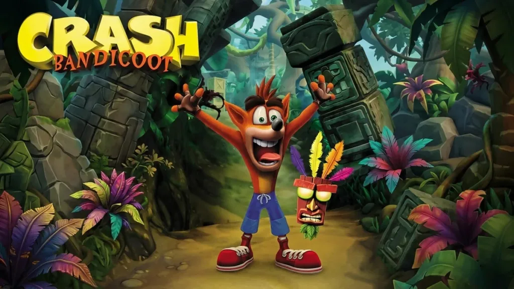 قناع Aku Aku الشهير في لعبة Crash Bandicoot وسط أجواء مستوحاة من ألعاب المنصات الكلاسيكية.
