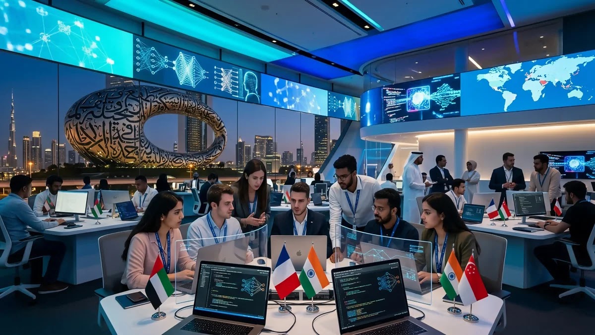 مجموعة من المبرمجين والخبراء الشباب من مختلف دول العالم يعملون معاً على تطوير حلول الذكاء الاصطناعي في مختبر ابتكار حديث بمدينة دبي