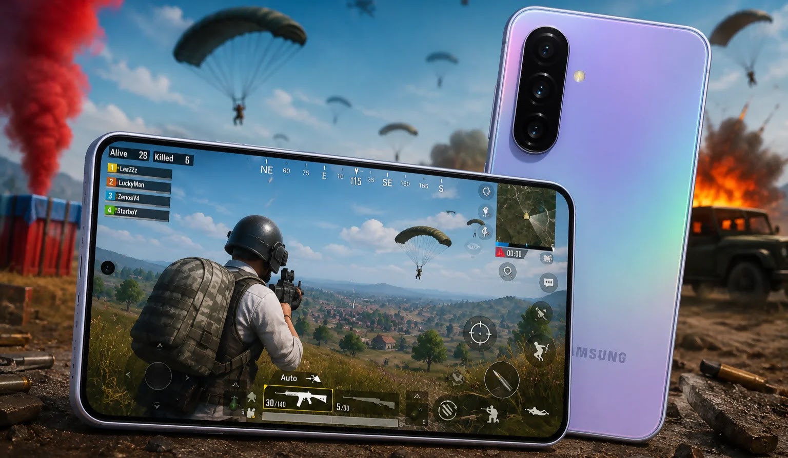 هاتف Samsung Galaxy A36 يعرض لعبة PUBG Mobile مع تجربة لعب سلسة وأداء يصل إلى 60 فريم في الثانية