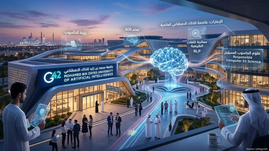 حرم جامعة محمد بن زايد للذكاء الاصطناعي في أبوظبي مع توضيح تخصصات تعلم الآلة ورؤية الحاسوب