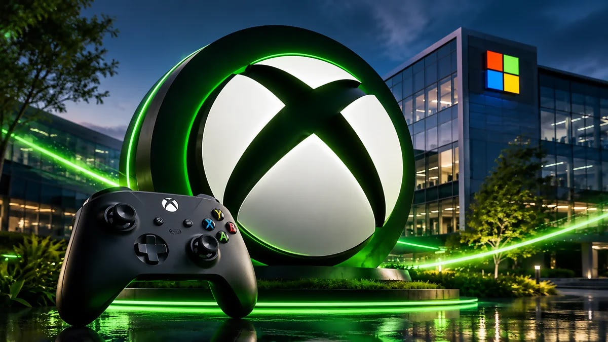صورة لشعار Xbox مع يد تحكم أمام مبنى Microsoft في إشارة إلى التقارير التي تتحدث عن تسريحات محتملة وإعادة هيكلة داخل قسم Xbox.