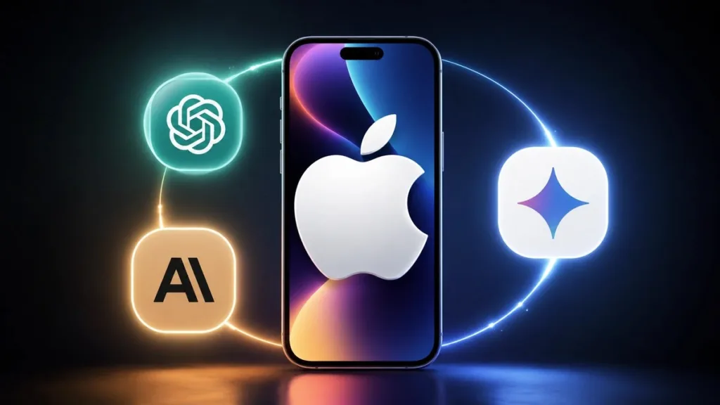 شعار Apple Intelligence مع رموز Claude وGemini على خلفية آيفون يوضح دعم مساعدات الذكاء الاصطناعي في iOS
