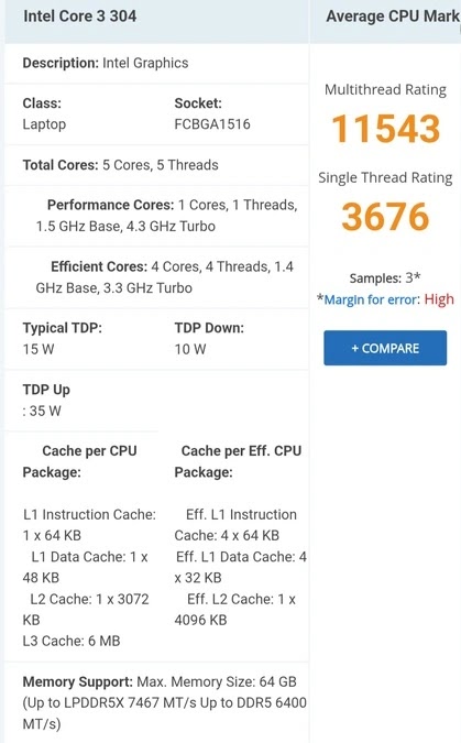 نتائج اختبار معالج Intel Core 3 304 على منصة PassMark.