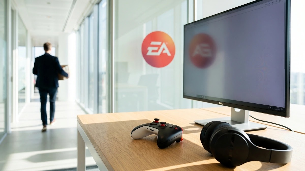 خطة التقشف وتصفية موظفي شركة EA في وضح النهار مكتب مطور ألعاب فيديو مضاء بنور الشمس الطبيعي يظهر ذراع تحكم وانعكاس شعار شركة EA مع خروج موظف تعبيراً عن إعادة هيكلة وتصفية العمالة الحالية.
