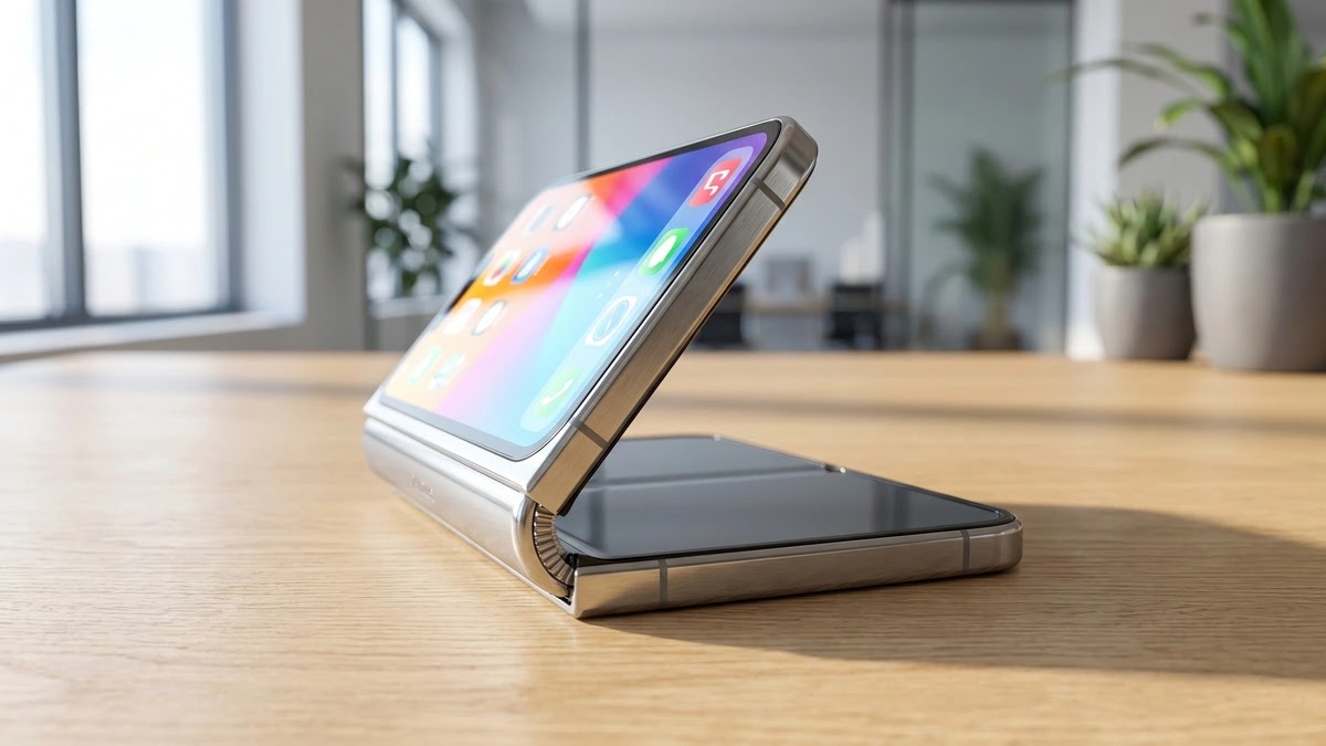 المخطط الهندسي لـ شاشات ومفصلة هاتف iPhone Ultra. لقطة مقربة لهاتف آيفون ألترا القابل للطي يظهر الشاشة الخارجية المضيئة والمفصلة المعدنية الملساء بدون تجاعيد تحت نور الشمس الطبيعي ليعبر عن تسريبات شاشات سامسونج M16 OLED الجديدة.