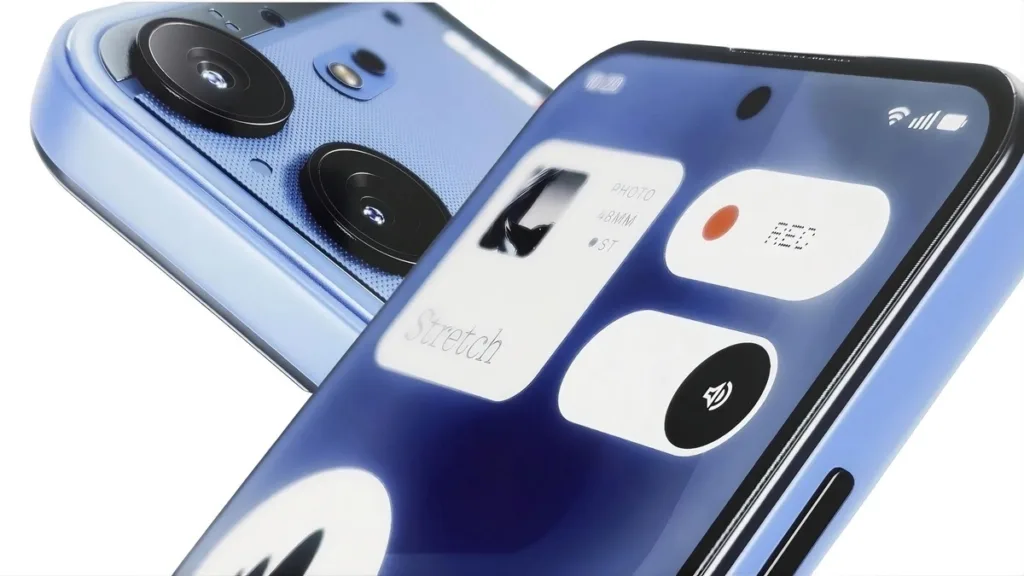 التصميم الخلفي باللون الأزرق وواجهة شاشة هاتف Nothing Phone (4b)