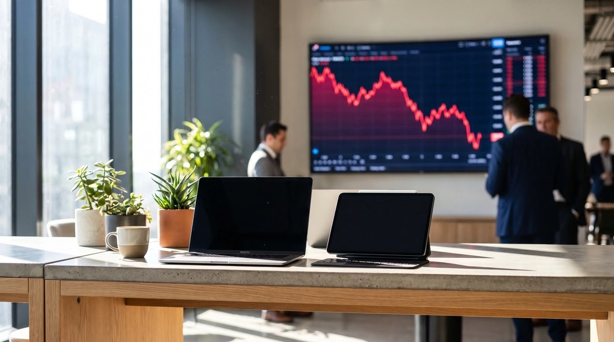 انخفاض سهم آبل بنسبة 5% على شاشة تداول وخلفها أجهزة ماك بوك وآيباد بعد زيادة الأسعار بسبب أزمة الذاكرة العالمية.