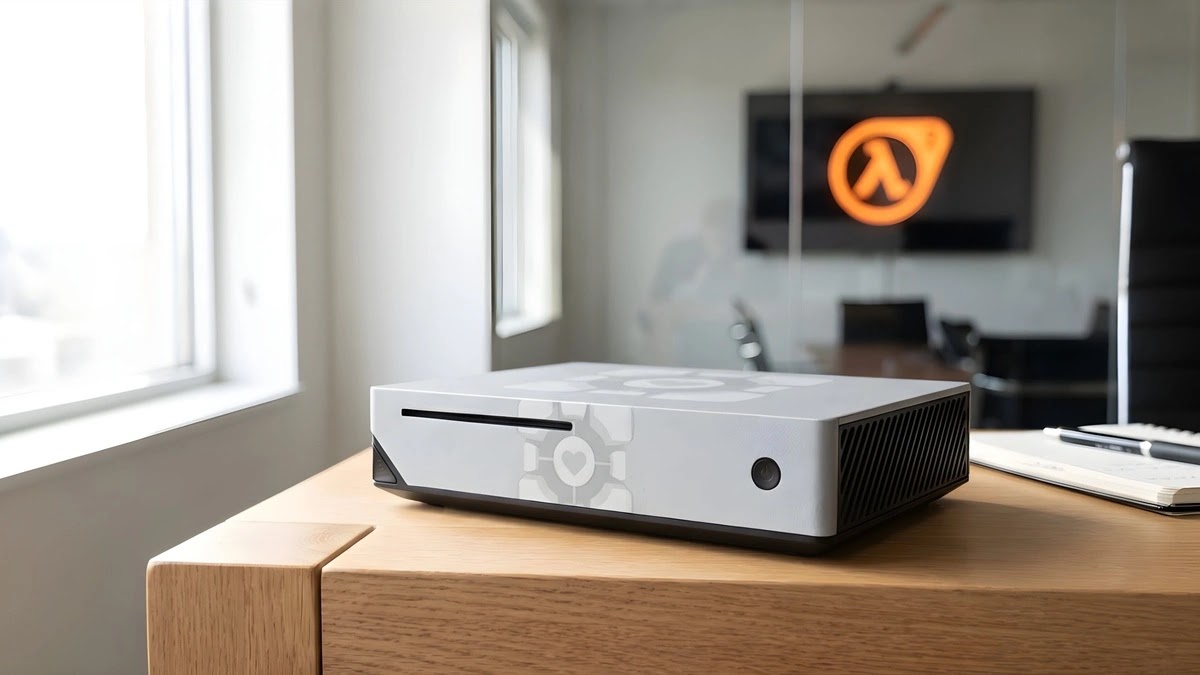 غلاف مقال لعبة هاف لايف 3 وجهاز Steam Machine من Games Zone Pro جهاز ستيم ماشين مغطى بملصق ديبراند ومضاء بنور الشمس الطبيعي يظهر شعار لعبة Half-Life 3 المسرب في الخلفية تعبيراً عن حذف الفيديو الترويجي.