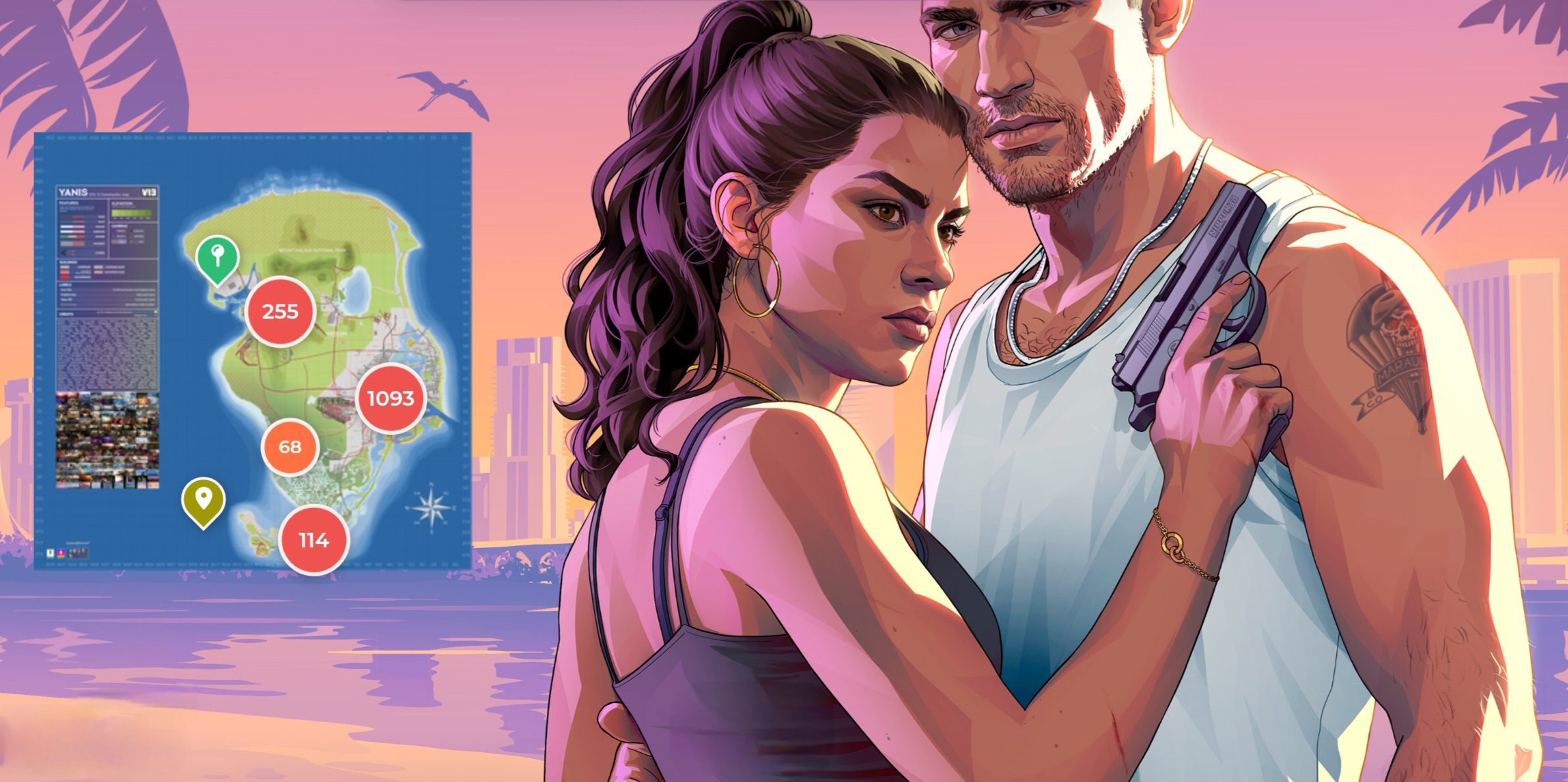 الخريطة الرسمية والتفاعلية للعبة Grand Theft Auto 6 لقطة حقيقية ونظيفة ومضاءة بنور الشمس الطبيعي الساطع تستعرض أجهزة التحكم مع مخطط جرافي لتعبر عن مراجعة ومواصفات خريطة لعبة GTA 6 التفاعلية الجديدة.