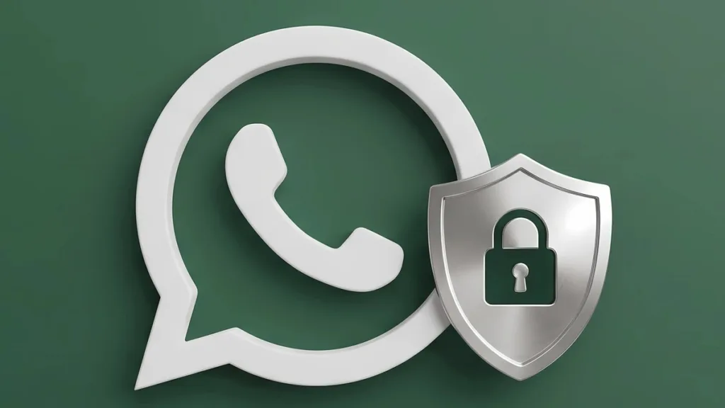 شعار واتساب أبيض مكبر بجانب درع حماية فضي فوق خلفية خضراء سادة لتحديث إخفاء رقم الهاتف وأسماء المستخدمين