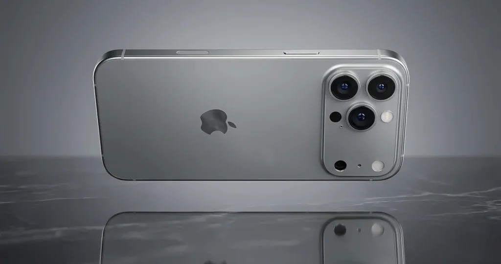 هاتف آيفون iPhone 18 Pro باللون الرمادي وتصميم الكاميرا الدائرية الممركزة بحجم مكبر فوق خلفية رمادية فضية سادة