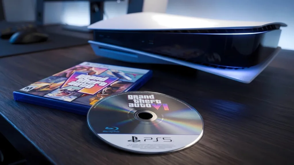قرص GTA 6 الفيزيائي بجوار جهاز PlayStation 5 في صورة توضح نهاية إنتاج أقراص الألعاب الجديدة بحلول 2028.