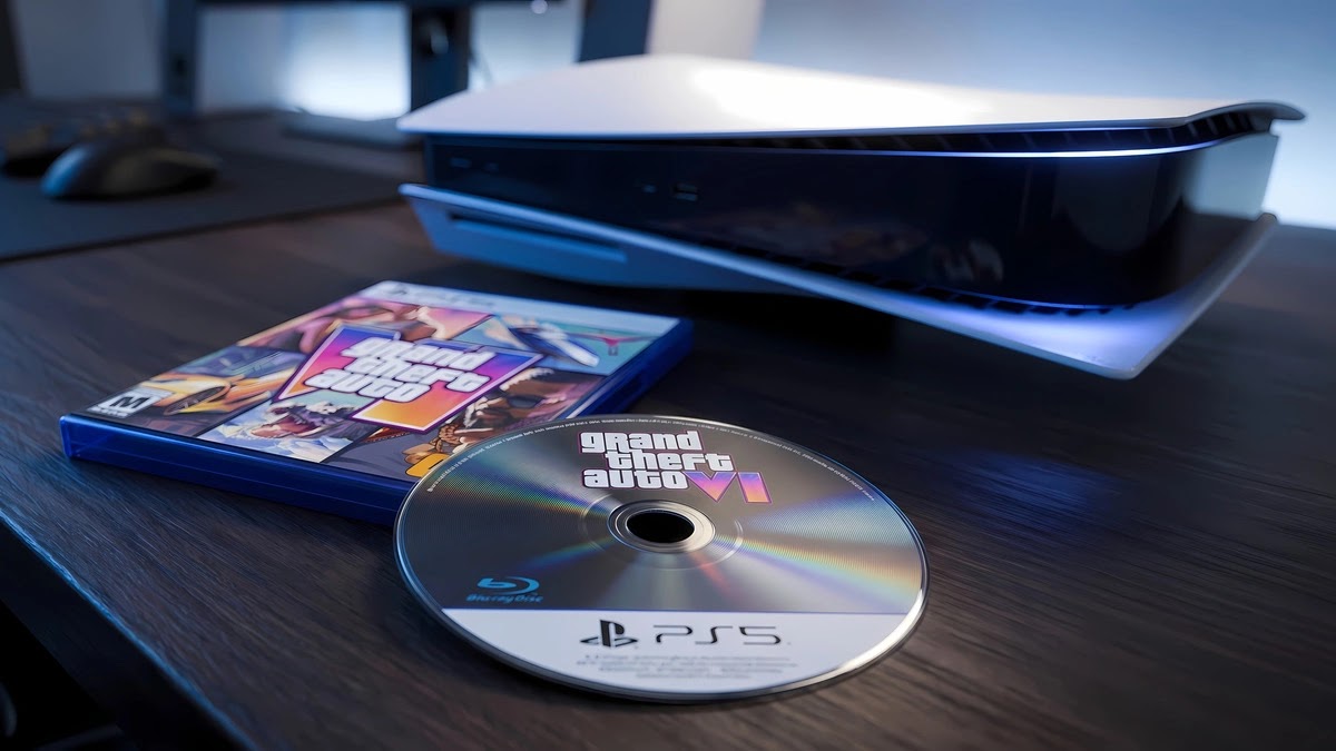 قرص GTA 6 الفيزيائي بجوار جهاز PlayStation 5 في صورة توضح نهاية إنتاج أقراص الألعاب الجديدة بحلول 2028.