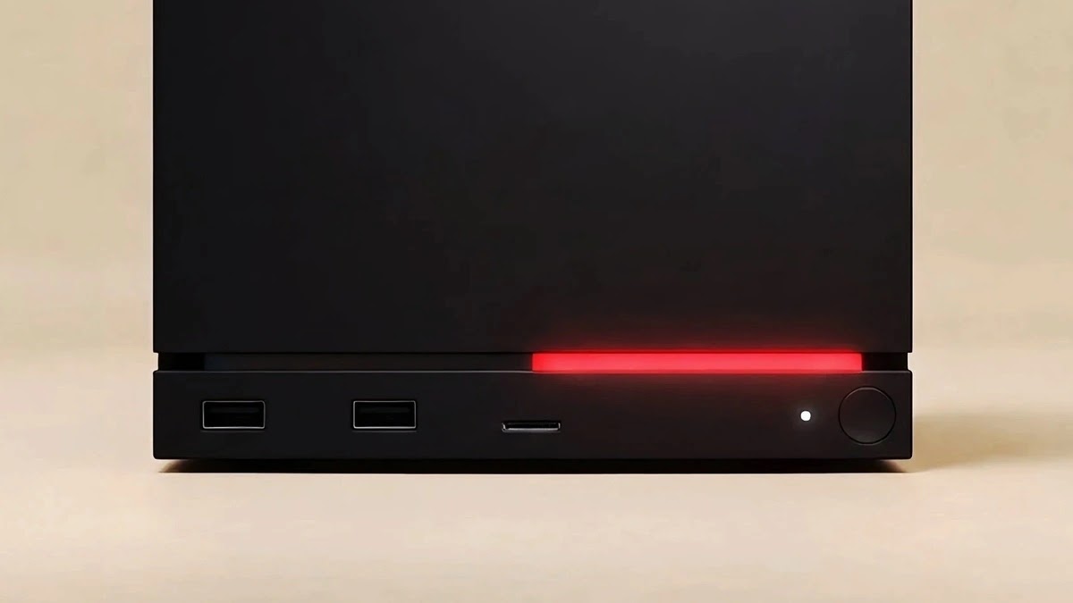 جهاز Steam Machine يعرض مؤشرًا أحمر يشير إلى عطل في وحدة الرسومات جهاز Steam Machine مع ظهور نصف شريط أحمر على الواجهة الأمامية يشير إلى عطل محتمل في وحدة معالجة الرسومات وفق رموز Valve