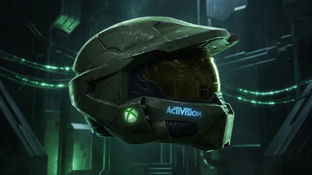 خوذة Master Chief مع شعارات Xbox وActivision في خلفية داكنة بطابع خيال علمي.