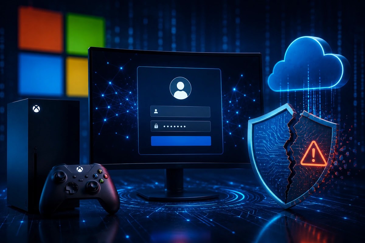 صورة توضيحية لحماية حساب Microsoft وتأثير اختراقه على خدمات Xbox وOneDrive شاشة تسجيل دخول لحساب Microsoft مع جهاز Xbox ورمز قفل مكسور وسحابة OneDrive ترمز إلى حماية الحسابات الرقمية.