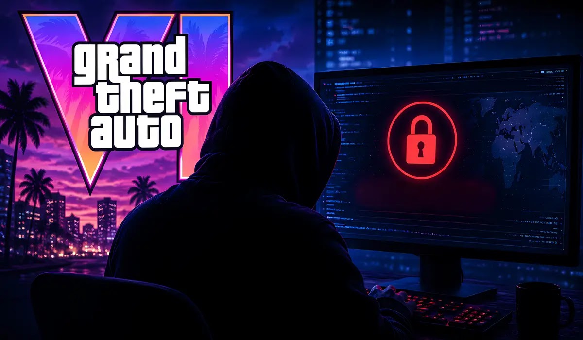 تصميم مستوحى من قضية مخترق GTA 6 مع شعار اللعبة وخلفية تعكس الأمن السيبراني