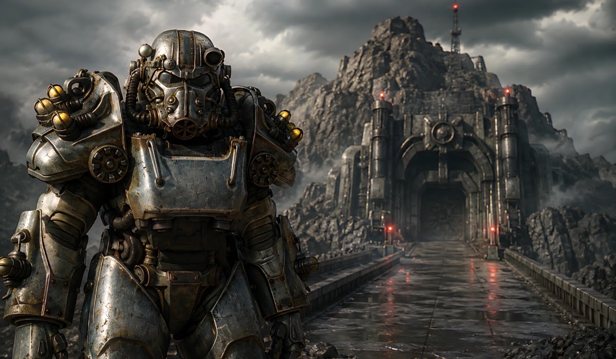 شخصية Power Armor أمام مدخل قاعدة Raven Rock في توسعة Fallout 76 القادمة عام 2027