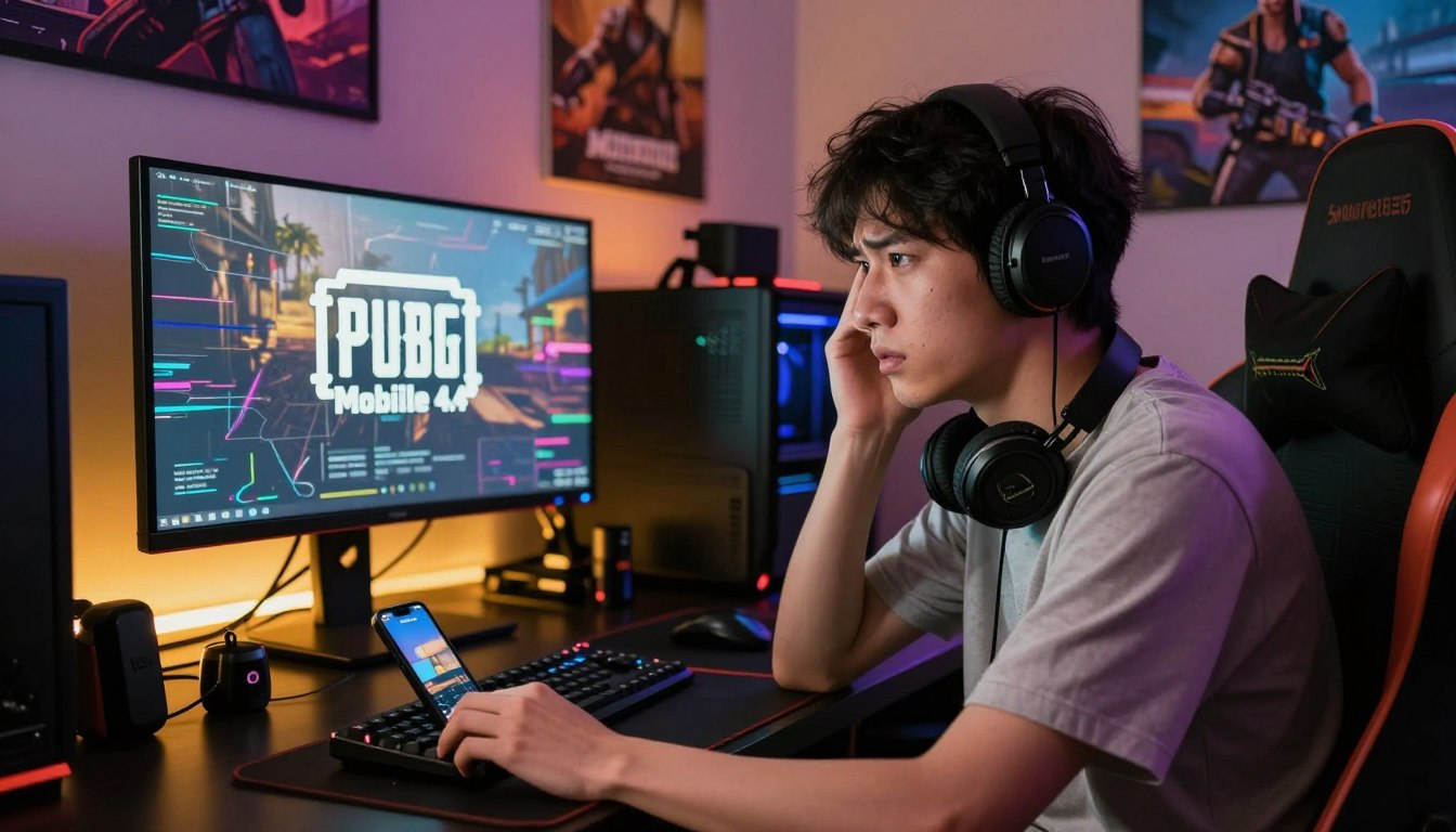 A digital artwork depicting a scene of a frustrated gamer in a well-lit, modern gaming room, surrounded by advanced gaming equipment. The gamer, a young adult wearing comfortable casual clothing, stares intently at a large monitor displaying the "PUBG Mobile 4.4" logo with a glitchy interface, signifying problems after the update. In the foreground, focus on the gamer’s expressive face showing concern and confusion. The middle ground features a cluttered desk with gaming peripherals and a smartphone, hinting at mobile gaming issues. The background includes a colorful LED wall and posters of popular battle royale games, enhancing the atmosphere. The lighting is warm yet slightly dramatic, enhancing the mood of tension and challenge, typical after a software update.