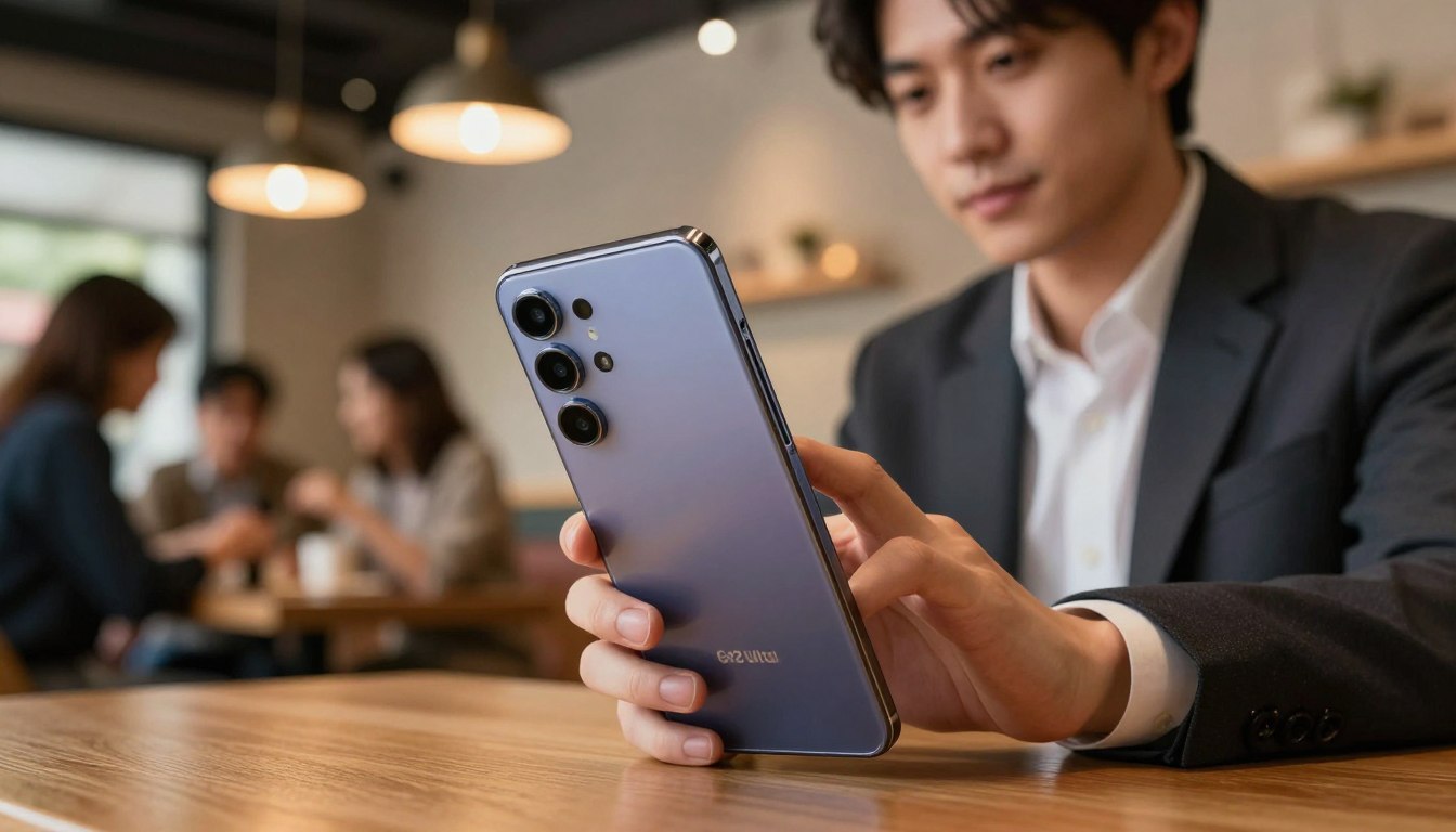 A sleek Galaxy S26 Ultra smartphone prominently displayed in the foreground, showcasing its innovative built-in privacy screen technology. The device should be angled slightly to reveal the shimmering display, where the privacy feature is activated, casting a subtle glow. In the middle ground, a professional individual, dressed in smart casual attire, is using the phone in a cozy café setting, surrounded by blurred people engaged in conversations, emphasizing a casual yet focused atmosphere. The background features soft, warm lighting from overhead fixtures, creating an inviting ambience. The focus is on the phone and its unique privacy screen, with gentle bokeh effects enhancing the depth of field, conveying a sense of modern sophistication and everyday practicality.