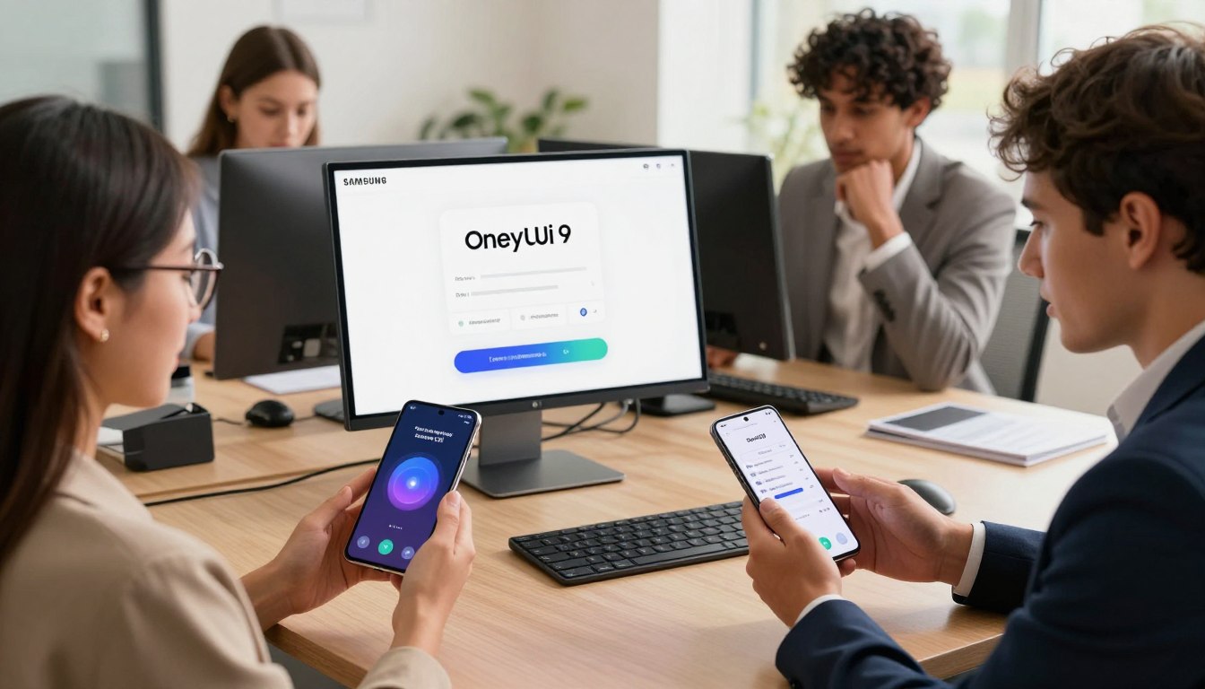 A vibrant and modern digital workspace illustrating the new accessibility features of Samsung's One UI 9 for Galaxy S26. In the foreground, a diverse group of professionals, including a woman with glasses and a man in a suit, are interacting with their smartphones, showcasing user-friendly interfaces. In the middle ground, digital devices display enlarged text and voice-control features, emphasizing inclusivity. The background features a sleek office environment with soft, natural lighting illuminating the scene, creating a warm and inviting atmosphere. The lens focuses on the engaging interactions among users, highlighting the theme of accessibility and innovation. The overall mood is dynamic and forward-thinking, symbolizing empowerment through technology.