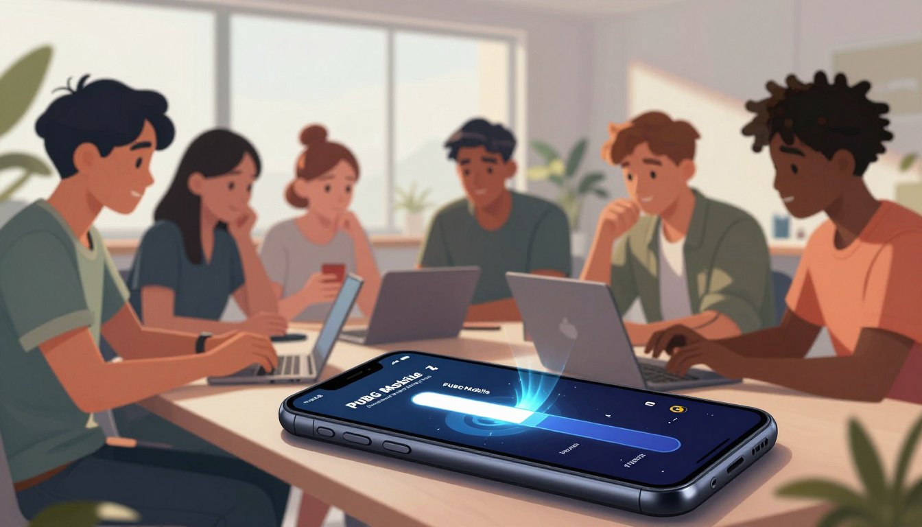 A digital illustration depicting the process of downloading the update for PUBG Mobile 4.4 quickly and easily. In the foreground, a sleek smartphone displays the PUBG Mobile interface with the download bar progressing, radiating excitement and urgency. The middle ground features a diverse group of young adults, focused and dressed in modern casual attire, gathered around a table, discussing tips for optimizing download speed, surrounded by tech gadgets. The background showcases a bright, modern room with soft, natural lighting enhancing a collaborative atmosphere. The mood conveys a sense of efficiency and anticipation, perfect for gamers eagerly upgrading their experience.