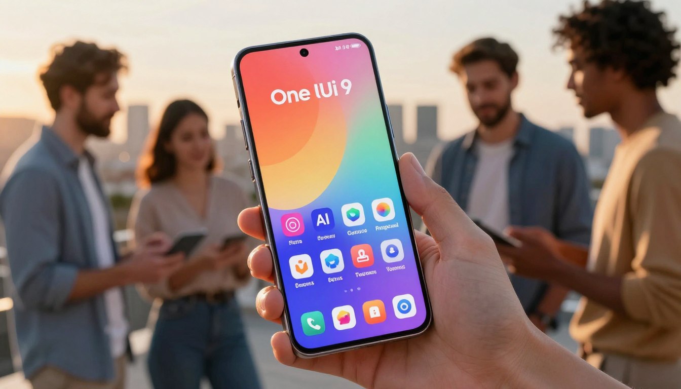 A sleek, modern smartphone interface showcasing "One UI 9" on a Galaxy S26 device, with intuitive app icons featuring AI integration prominently displayed. The foreground focuses on the glossy phone screen illuminated with vibrant colors and soft gradients, while the background features a blurred city skyline during the golden hour, radiating a warm ambiance. Subtle reflections on the phone's surface enhance the realism of the image. Include a diverse group of professionals in modest casual clothing, discussing and collaborating around the device, emphasizing the global beta program. The lighting is soft yet dynamic, creating a tech-savvy and inviting atmosphere, with a slight lens flare to add visual interest.